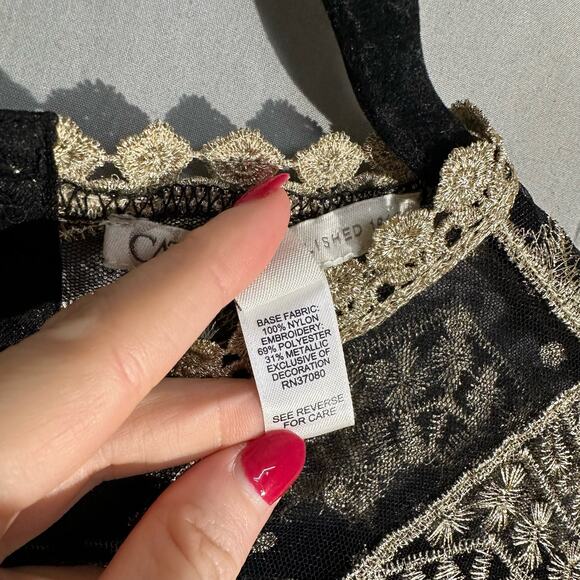 Y2K Vintage Top Women Large Black Lace Sheer Gold Metallic Crochet Glam Art Deco - Picture 4 of 10